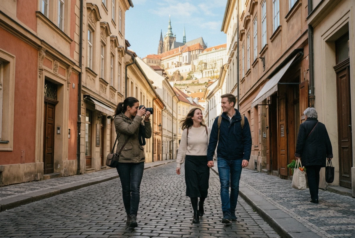 A photographer walking beside a couple with a hand-held camera on a Prague street below the castle, the configuration the Prague photography rules leave alone