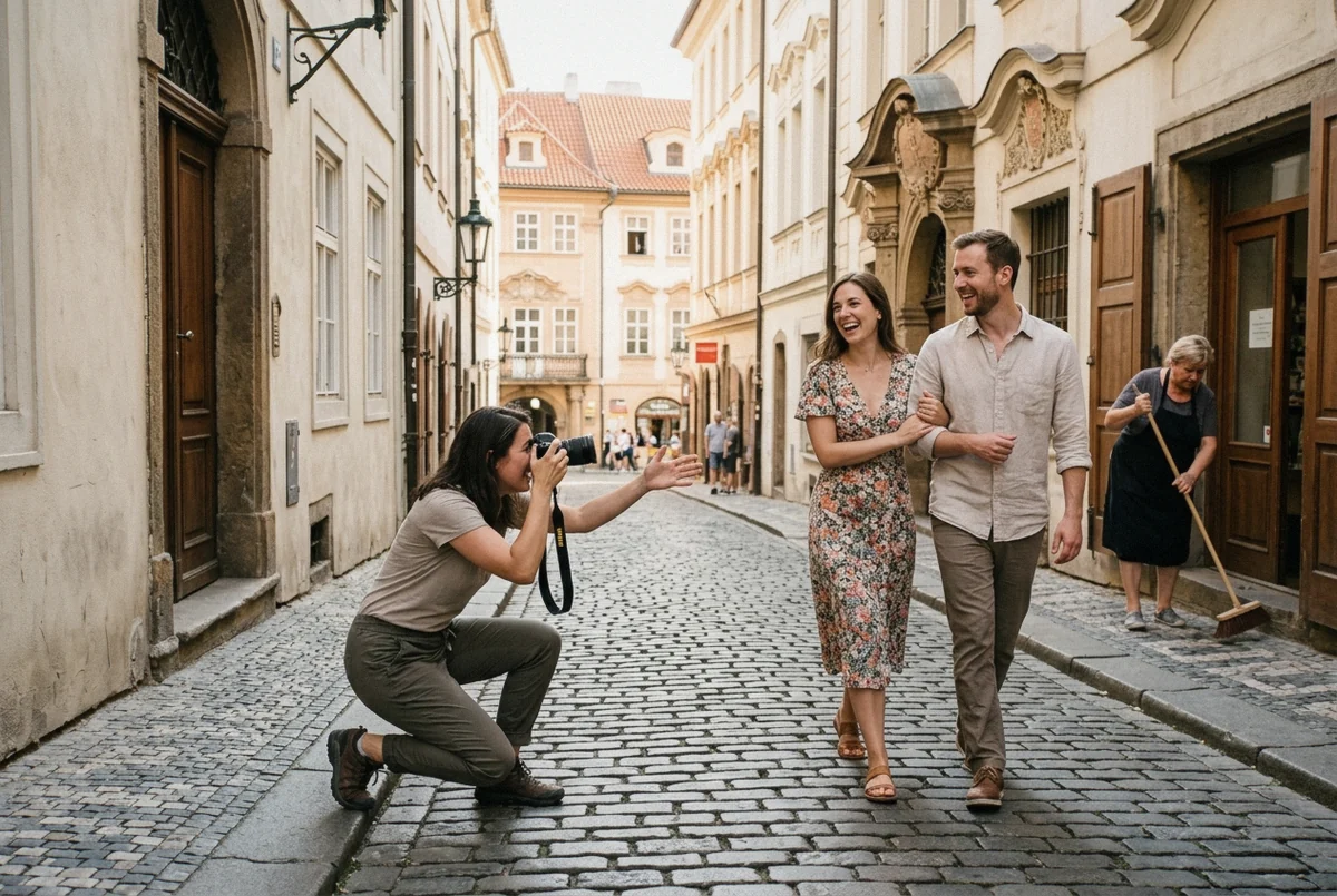 A photographer crouching to direct a laughing couple on a sunlit Prague lane, showing what to expect at a Prague photoshoot