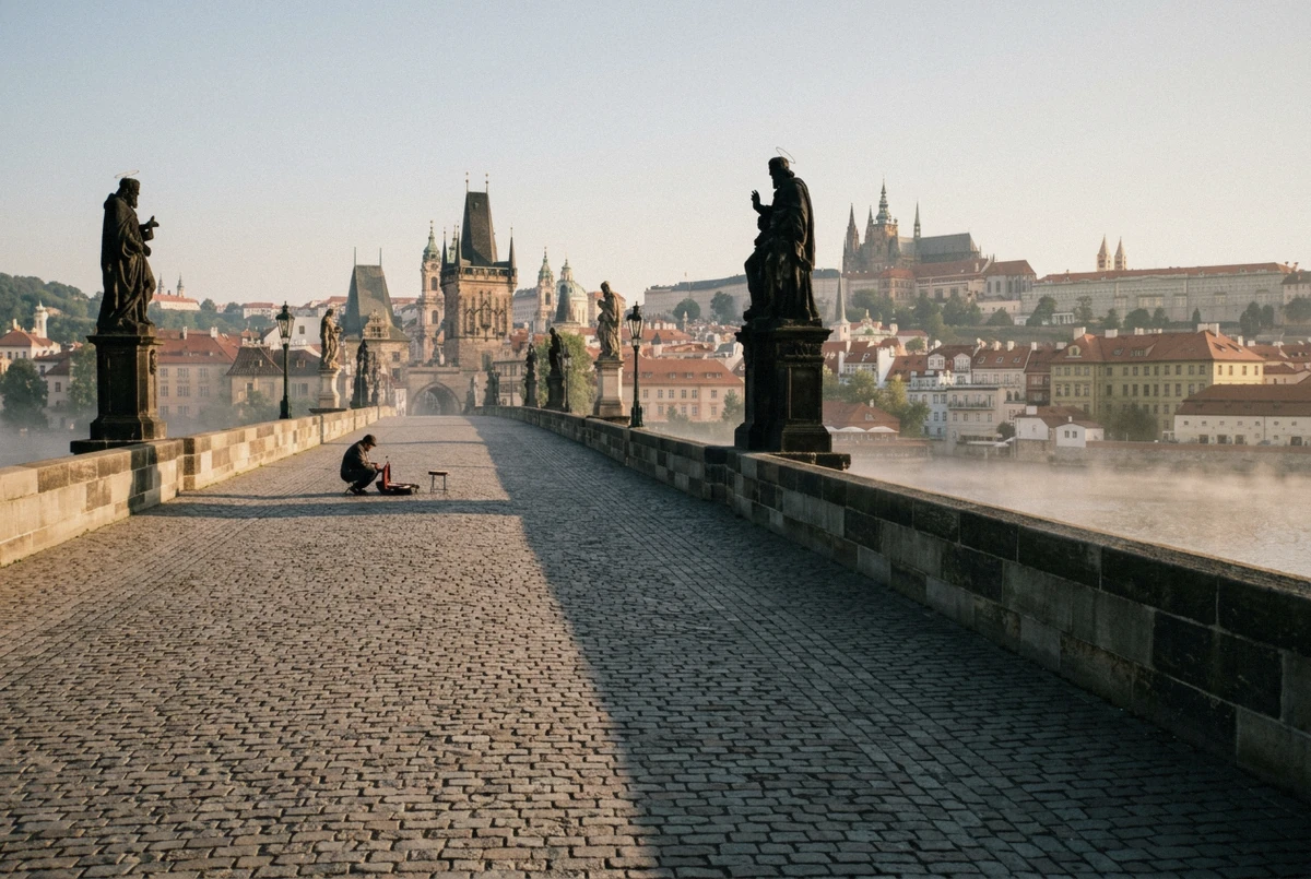 The empty deck of Charles Bridge at sunrise lined with baroque statues, the signature backdrop of a Prague photoshoot