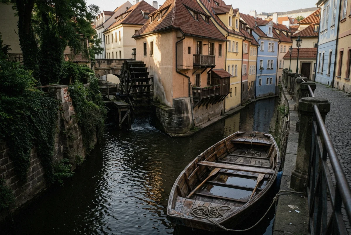 The old wooden water wheel on the Čertovka canal at Kampa Island, a quieter Prague photoshoot location below Charles Bridge